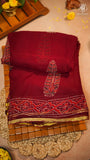 Maroon Pine Floral Handblocked Pure Double Chiffon Saree