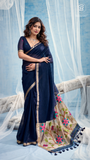 Royal Blue & Gold Multicolor Floral Tussar Silk Saree