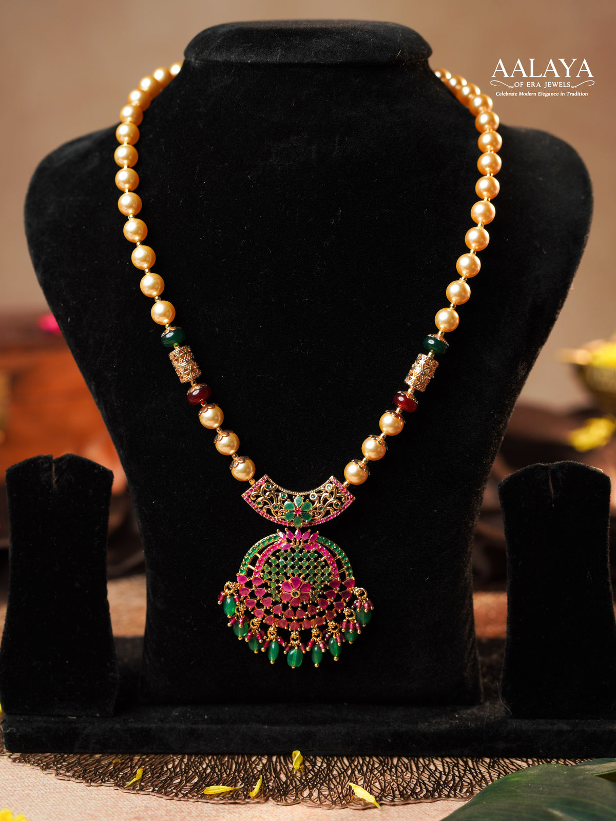 Aalaya Emerald Ruby Pearl Pendant Necklace