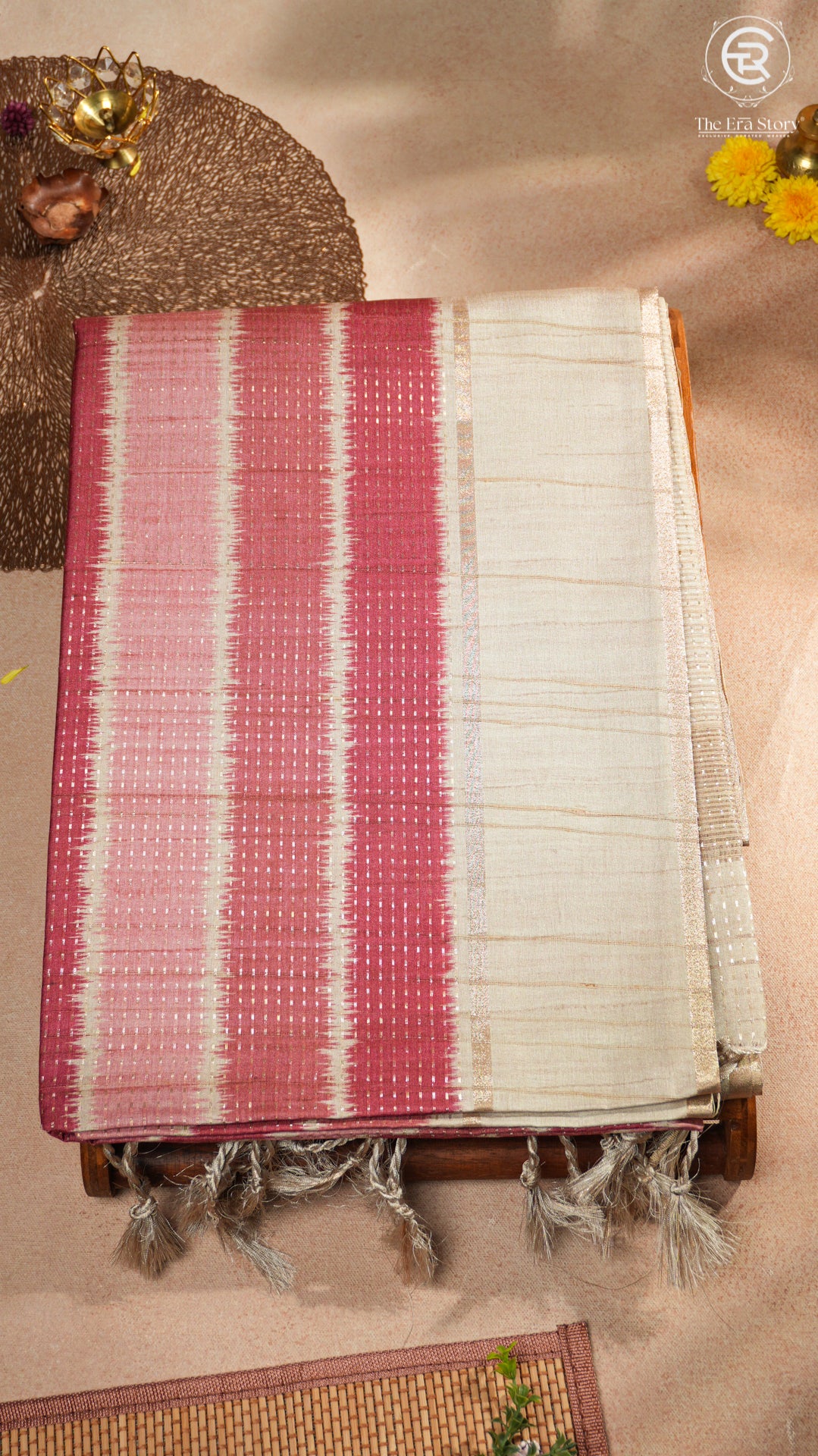 Red and Beige Kantha Matka Tussar Silk Saree