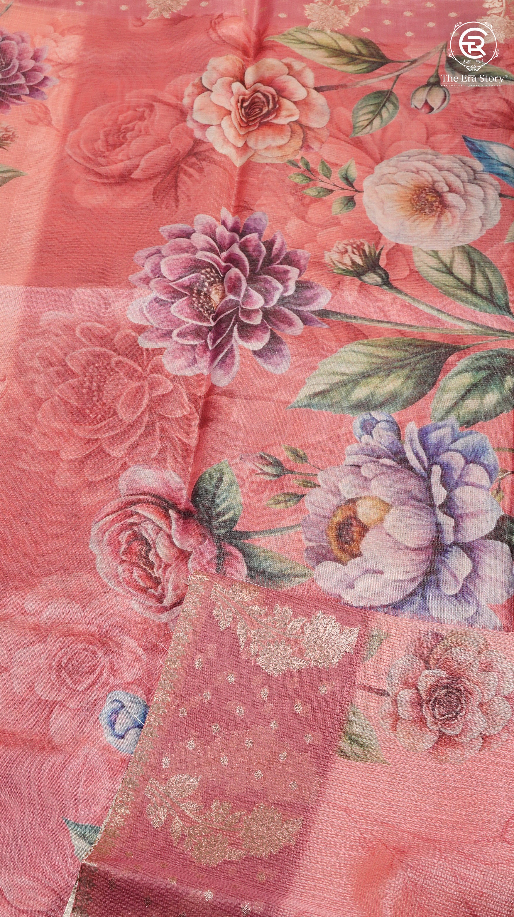 Peach & Multi Color Floral Kota Doria Saree
