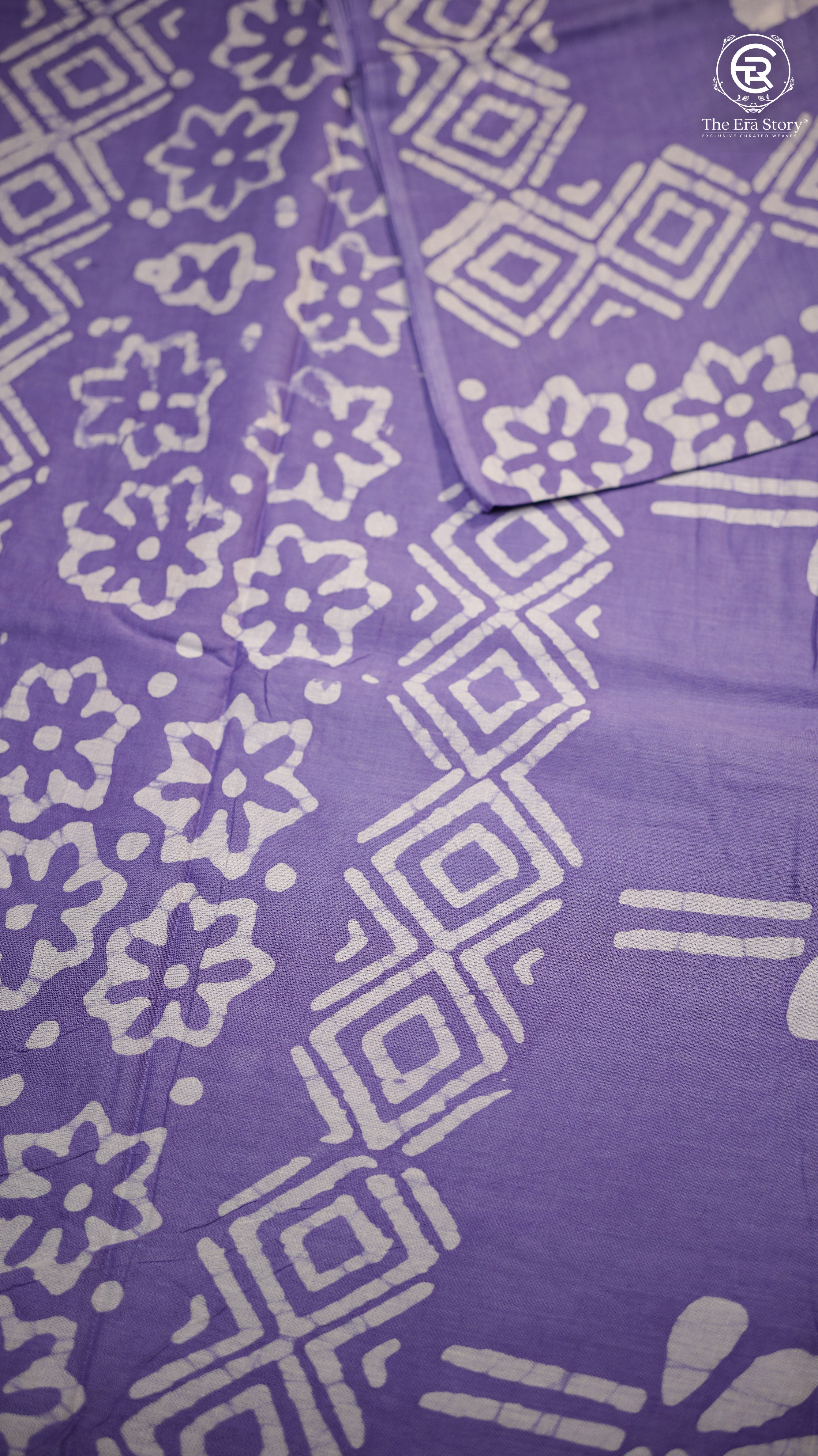 White & Purple Floral Handblocked Pure Mul Cotton Saree