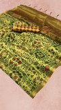 Mild Green Floral Printed Handloom Zari Weaving Tissue Silk Saree
