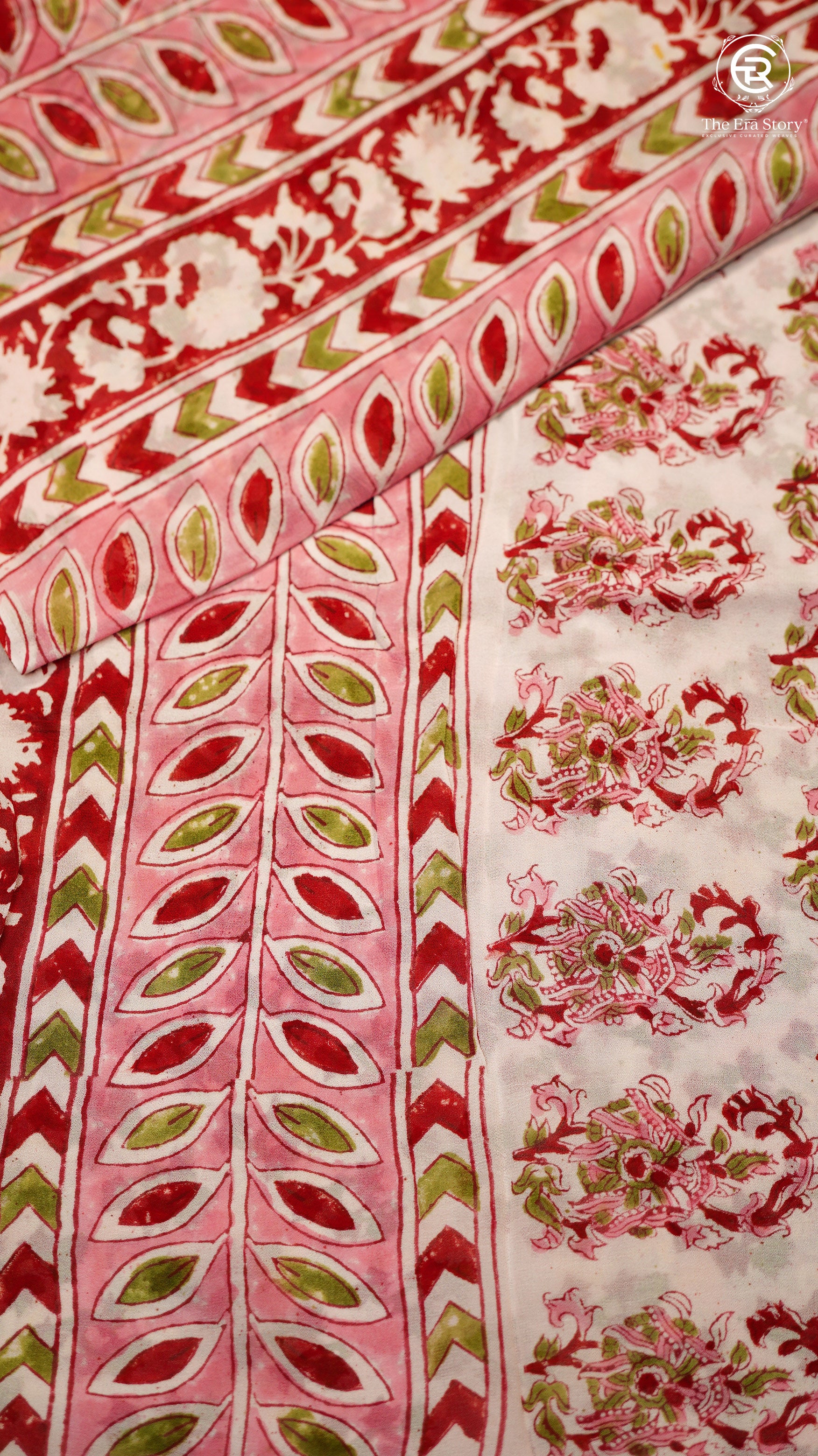 Pink & Red Floral Handblocked Pure Georgette Saree