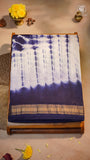 Blue & White Contemporary Tie & Dye Handblocked Pure Maheshwari Cotton Saree