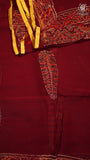 Maroon Pine Floral Handblocked Pure Double Chiffon Saree