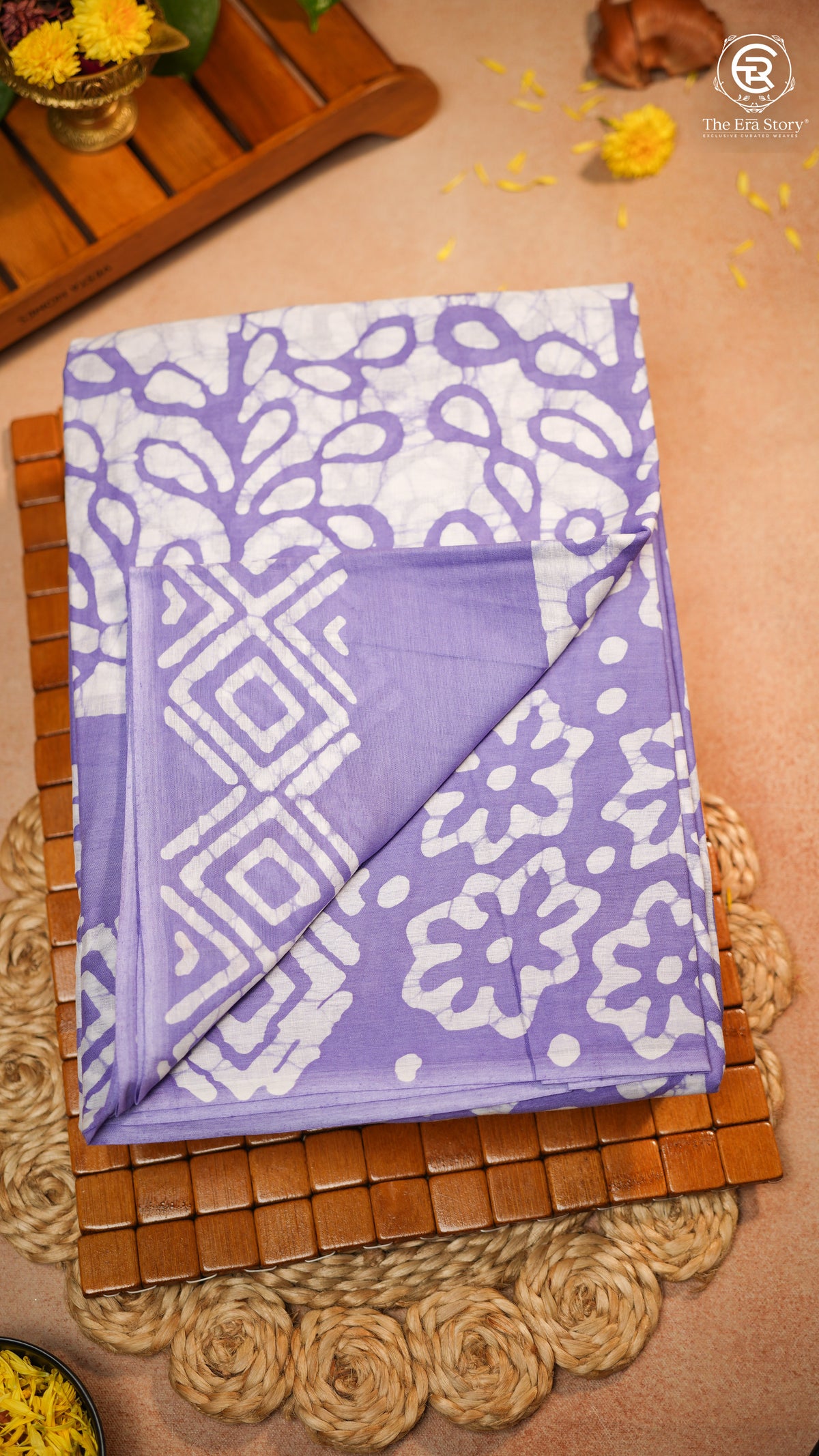 White & Purple Floral Handblocked Pure Mul Cotton Saree