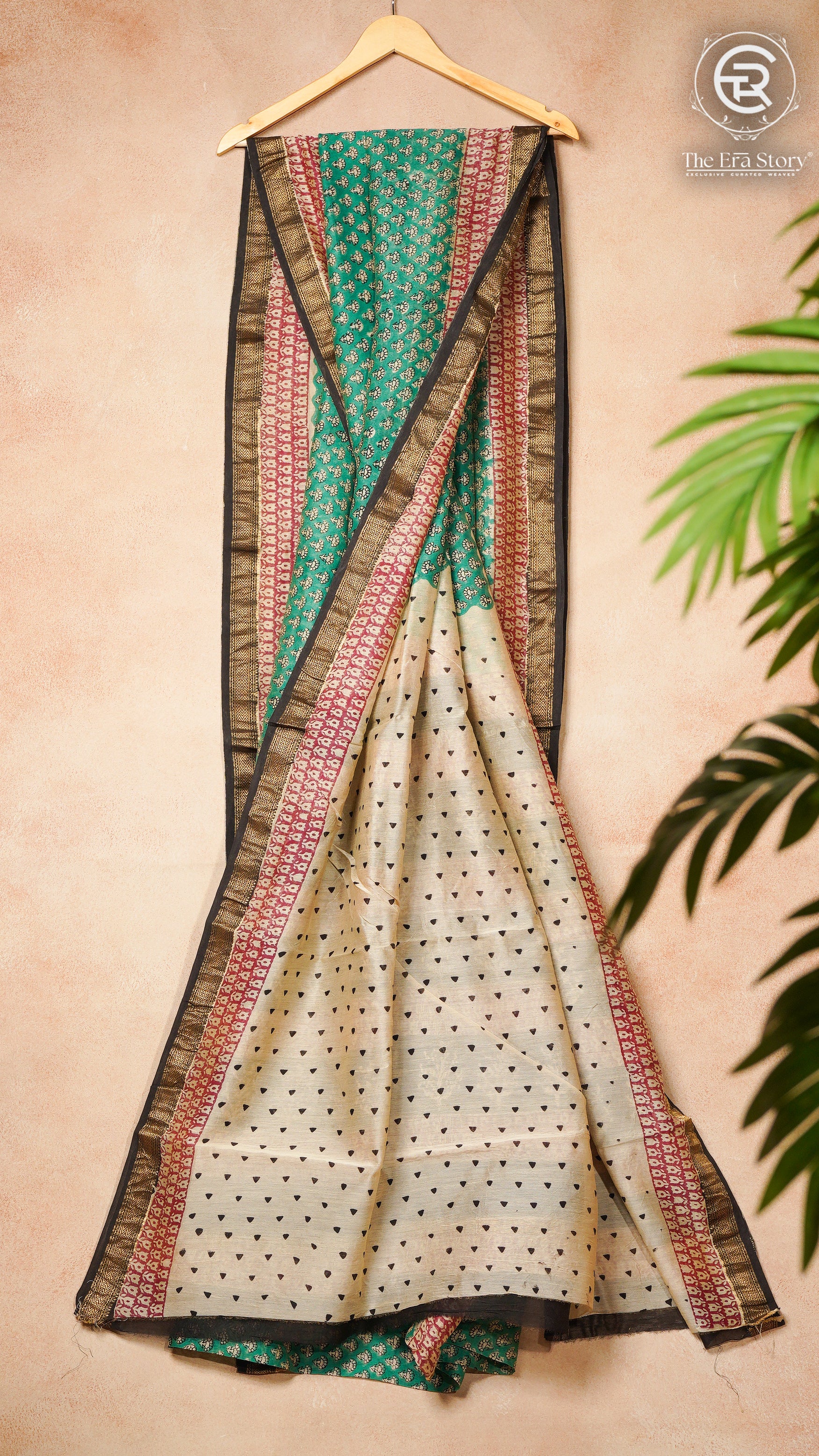 Green & Pink Floral Handblocked Pure Maheshwari Cotton Silk Sarees