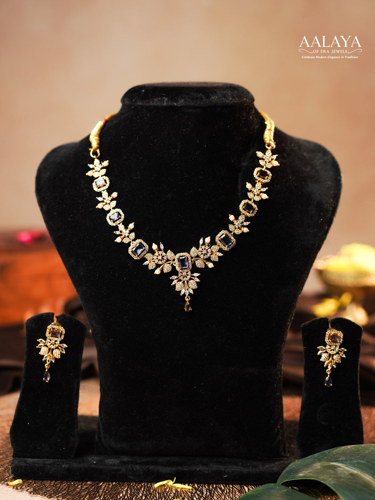 Aalaya  Amethyst Radiance Floral Necklace Set