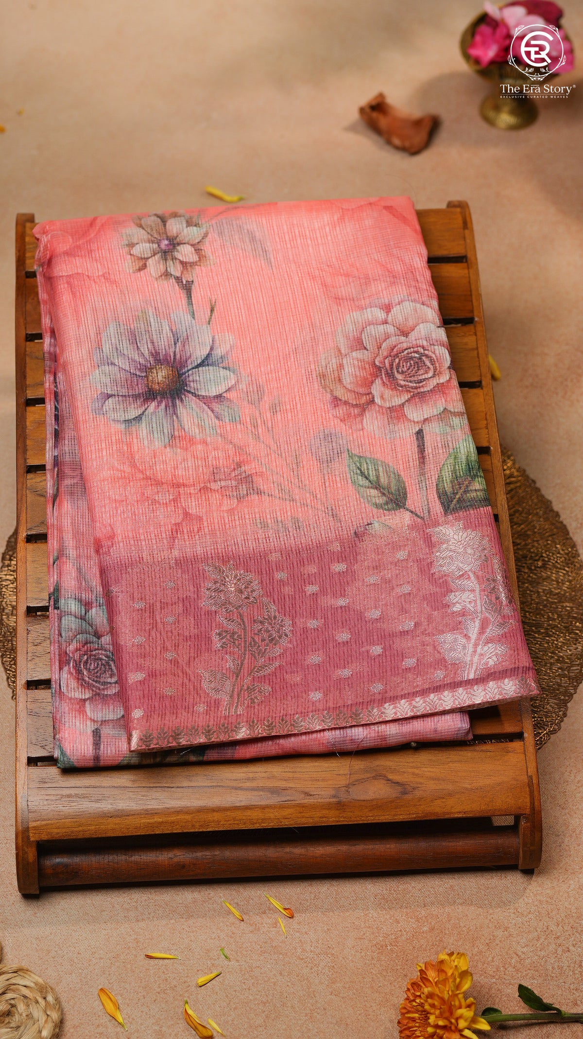 Peach & Multi Color Floral Kota Doria Saree