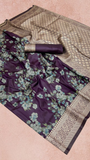 Violet and Gold Floral Satin Banarasi Silk Saree