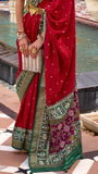 Red and Green Ikat Patola Contemporary Banarasi Crepe Silk Saree ERA06RGN