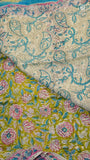 Green & Pink Floral Handblocked Pure Georgette Saree