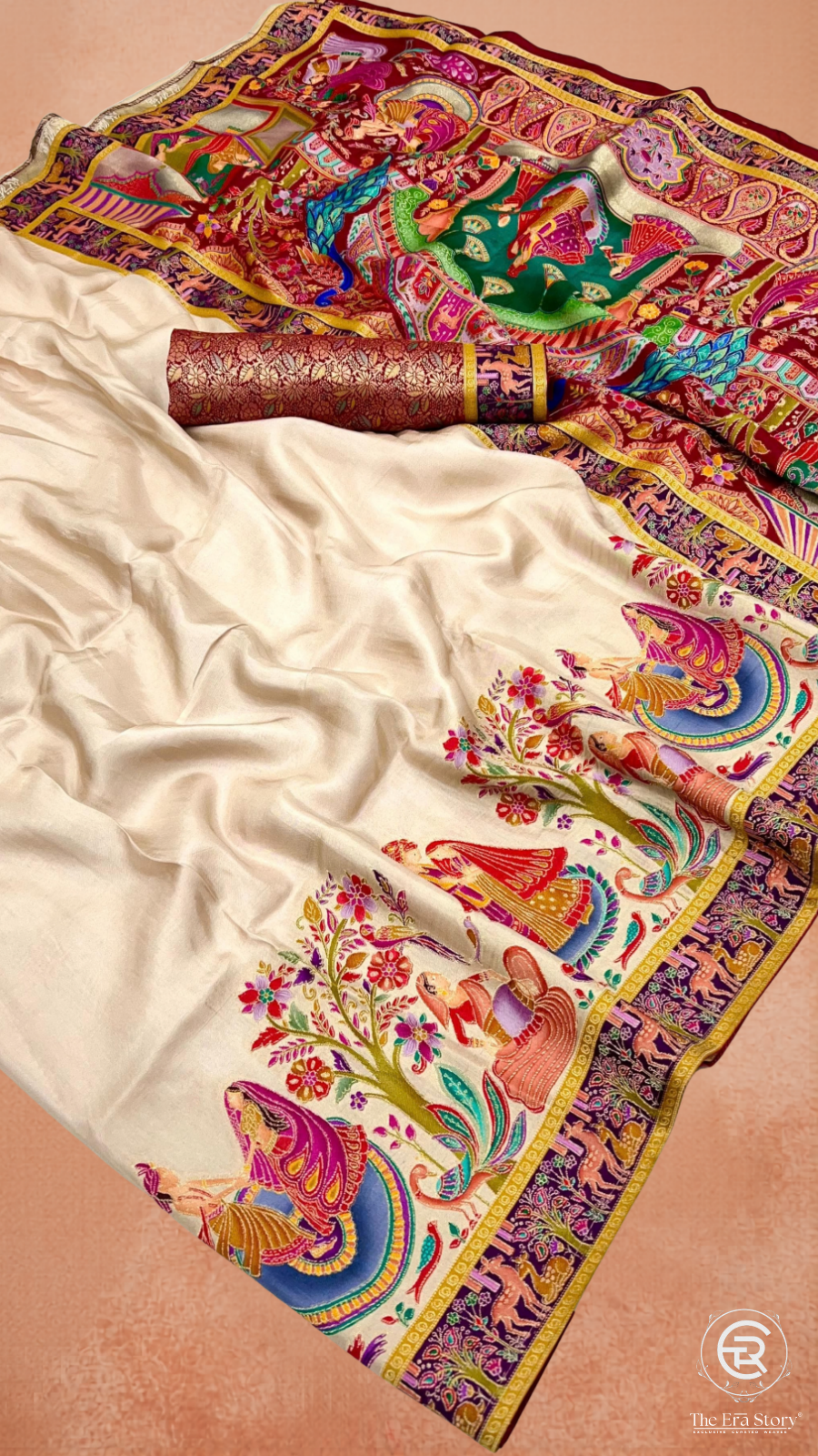 Beige & Blue Festive Print Crepe Banarasi Saree