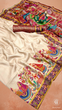 Beige & Blue Festive Print Crepe Banarasi Saree