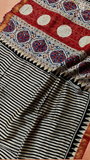 White & Black Line Patterned Handblocked Pure Maheshwari Cotton Sarees