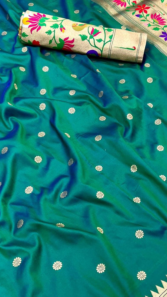 Teal Green and Gold Single Muniya Lotus Paithani Soft Silk Sarees