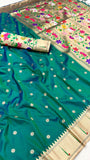 Teal Green and Gold Single Muniya Lotus Paithani Soft Silk Sarees