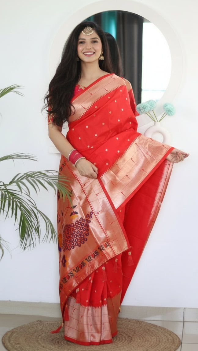 Deep Orange Triple Muniya Peacock Paithani Soft Silk Sarees