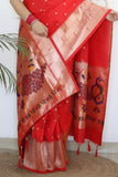 Deep Orange Triple Muniya Peacock Paithani Soft Silk Sarees