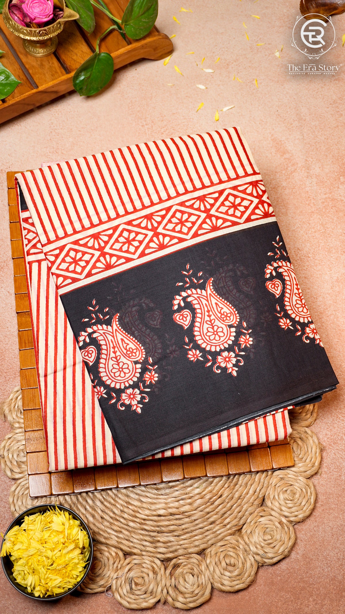White, Black & Red Line Patterned Handblocked Pure Cotton Saree