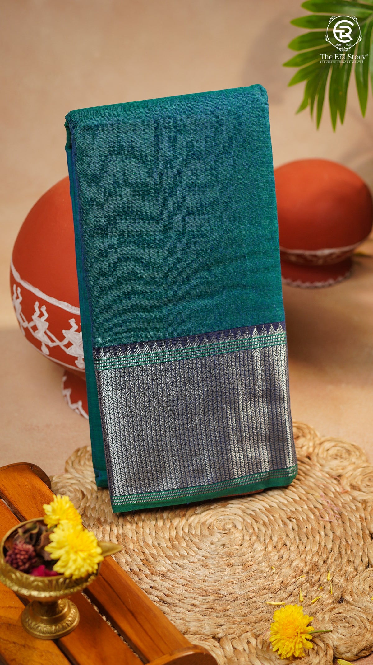 Teal Blue & Green Silver Checkered Zari Border Handloom Narayanpet Cotton Saree