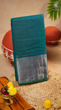 Teal Blue & Green Silver Checkered Zari Border Handloom Narayanpet Cotton Saree