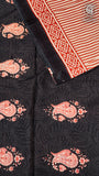 White, Black & Red Line Patterned Handblocked Pure Cotton Saree