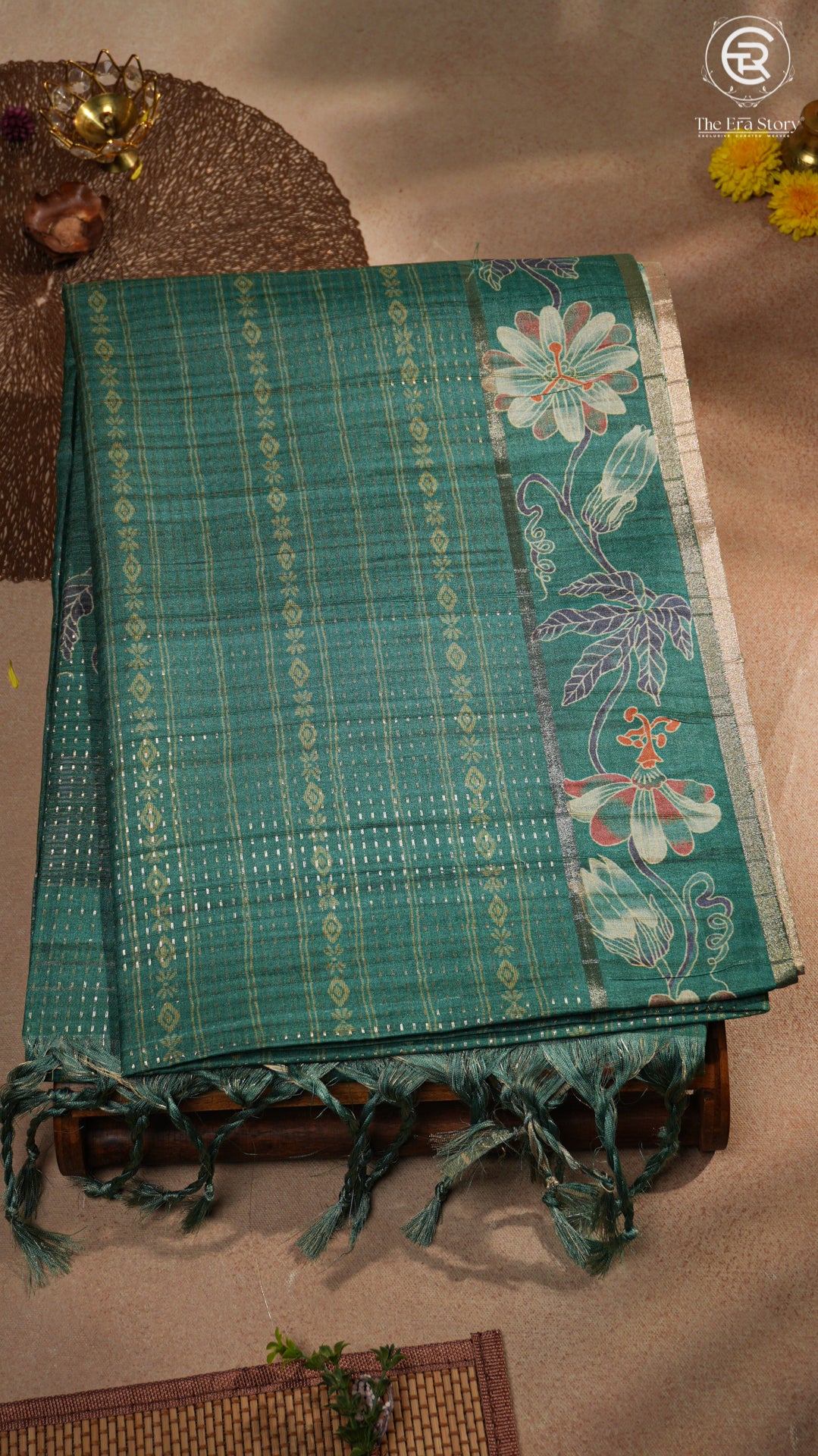 Green Floral Border Kantha Matka Tussar Silk Saree