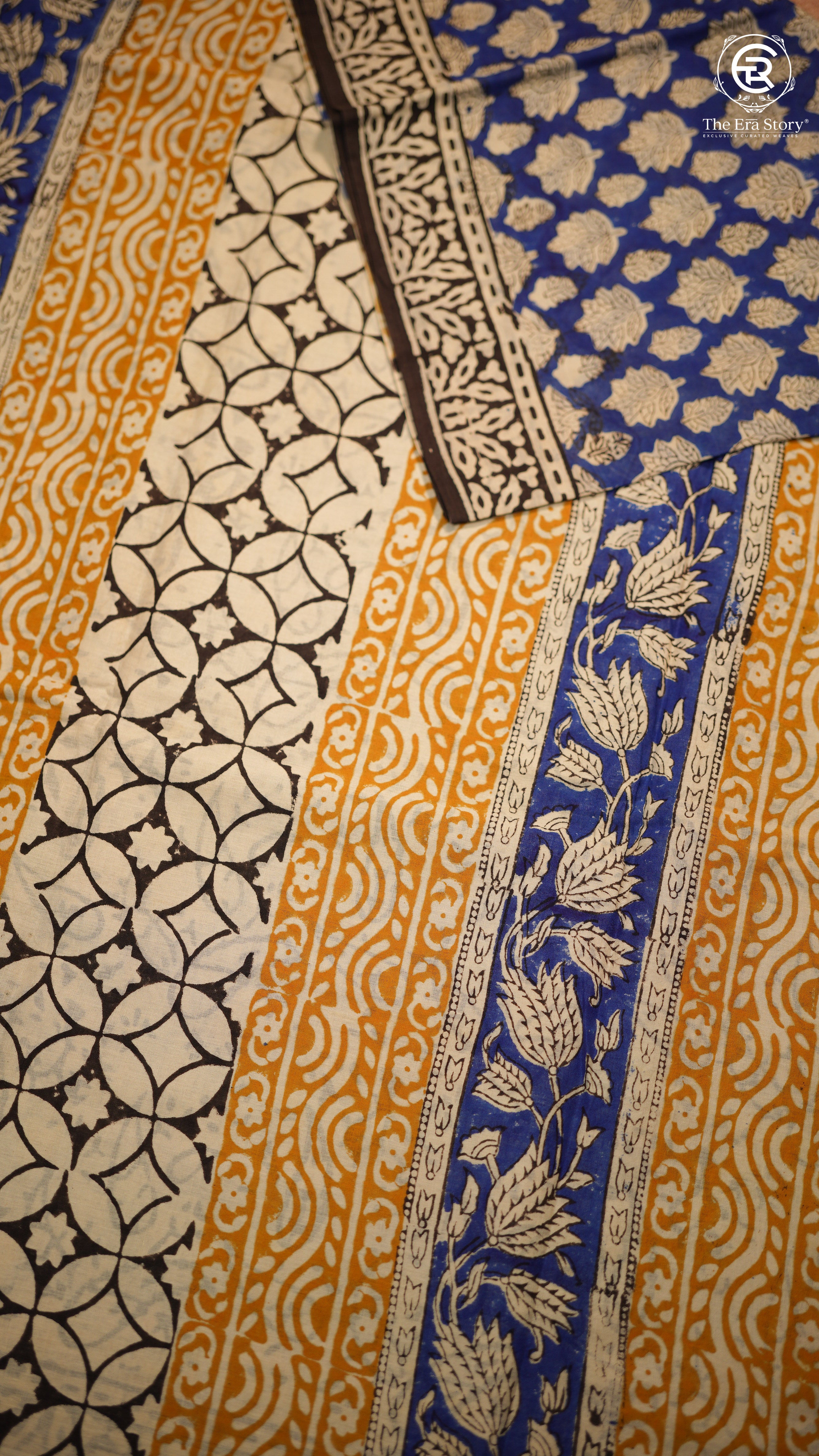 Blue & Black Leaf Floral Handblocked Pure Mul Cotton Saree