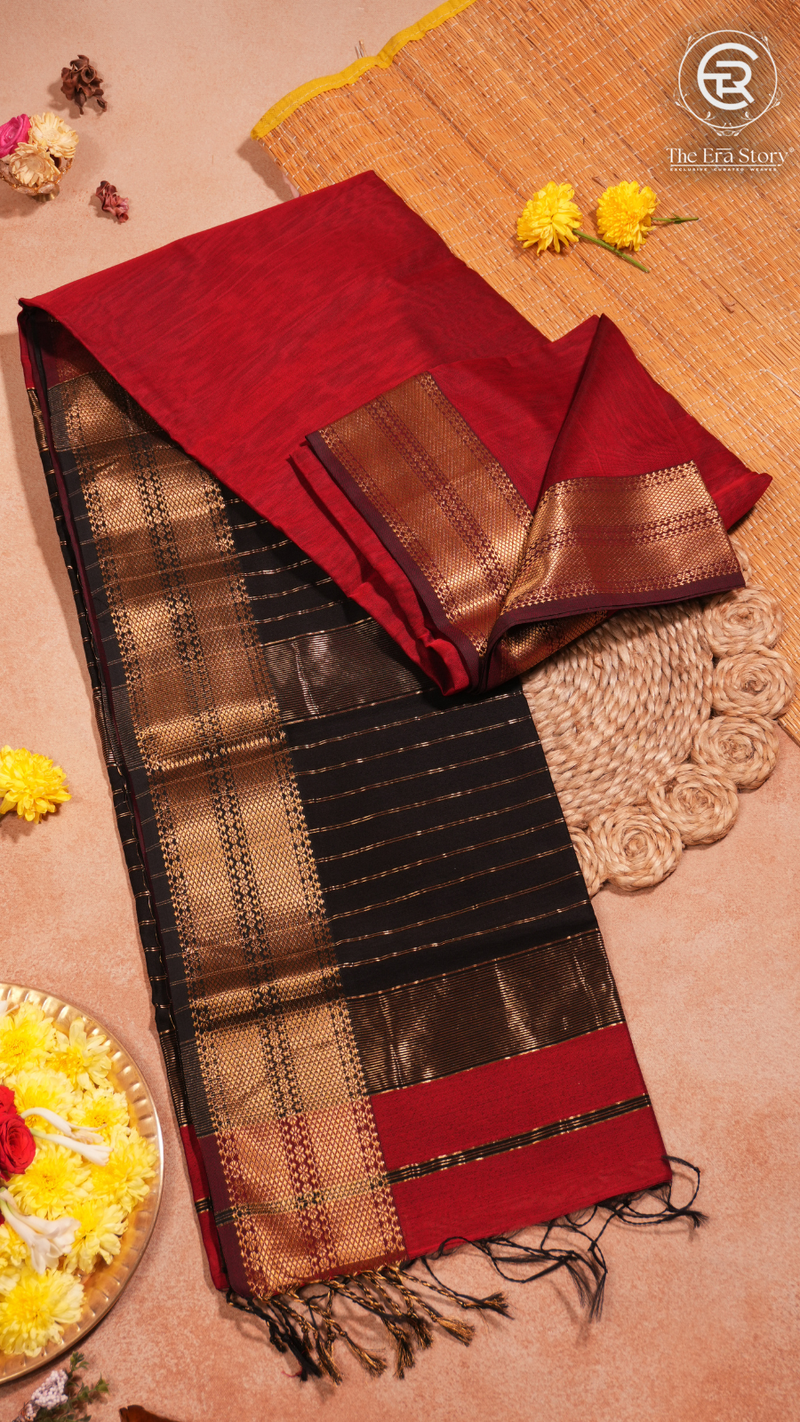 Red & Black Handloom Zari Pure Maheshwari Silk Saree
