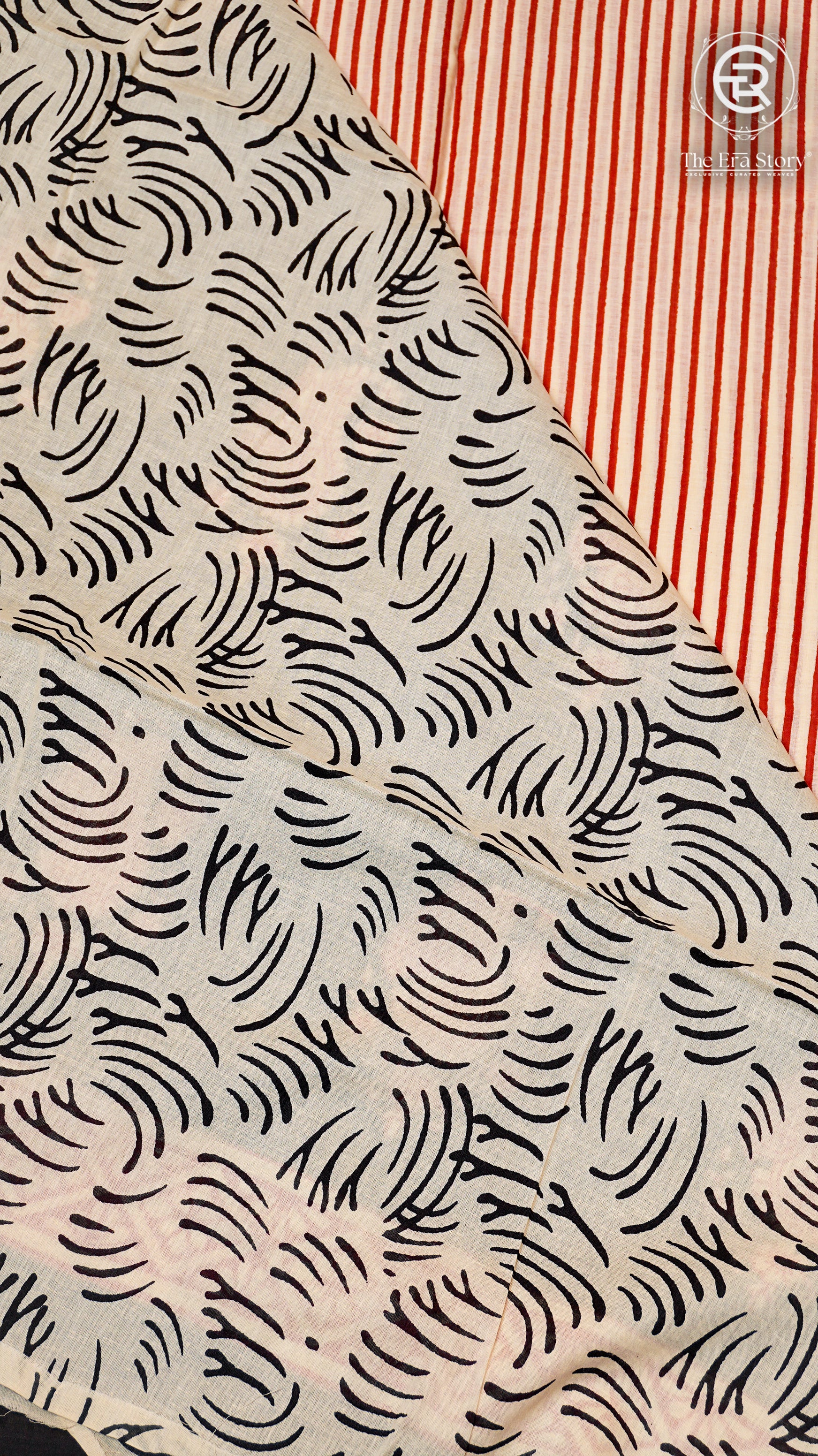White, Black & Red Line Patterned Handblocked Pure Cotton Saree