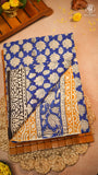 Blue & Black Leaf Floral Handblocked Pure Mul Cotton Saree