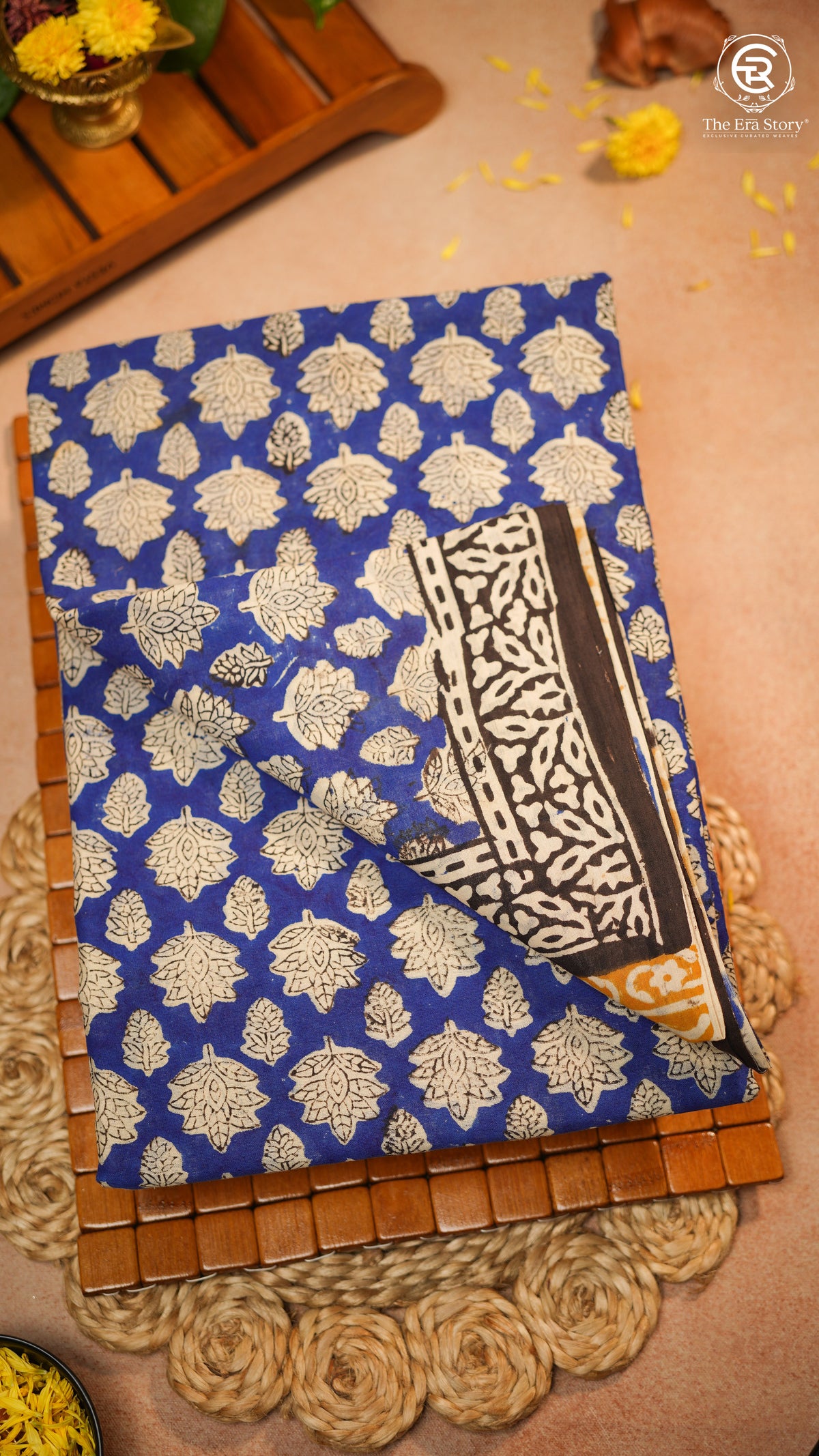 Blue & Black Leaf Floral Handblocked Pure Mul Cotton Saree