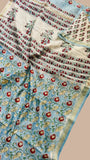 Baby Blue Floral Handblocked Pure Maheshwari Cotton Sarees