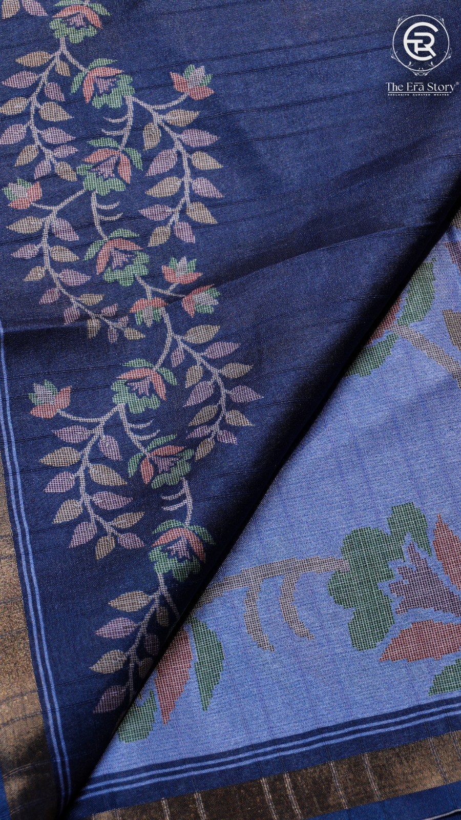 Blue Floral Printed Tussar Silk Saree