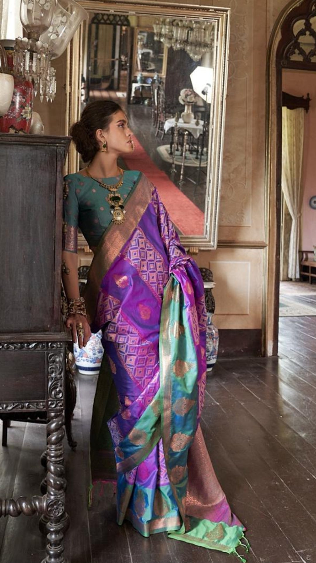 Violet and Green Dual Shade Ikkat Kanchi Soft Silk