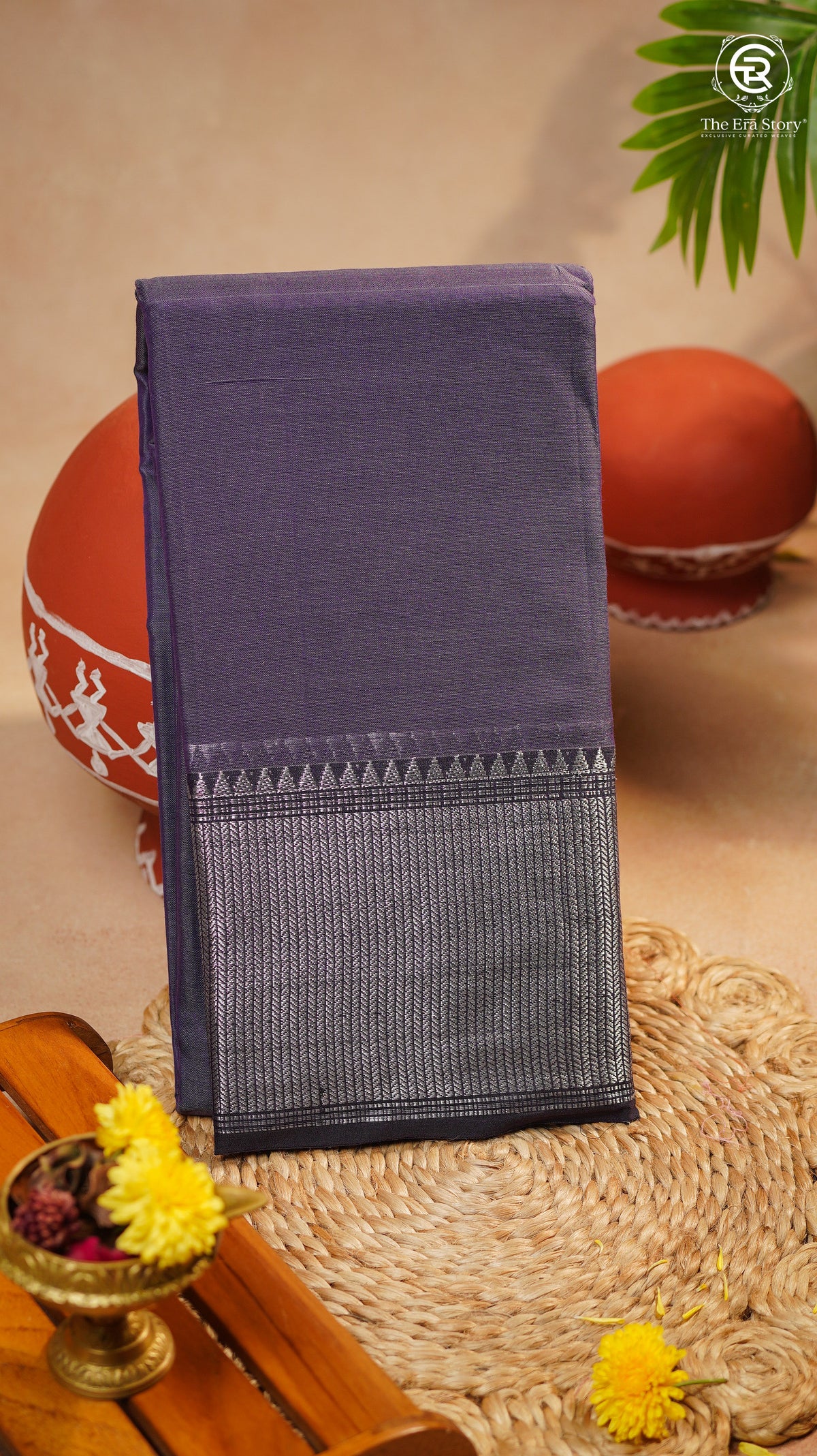 Pastel Purple Silver Checkered Zari Border Handloom Narayanpet Cotton Saree