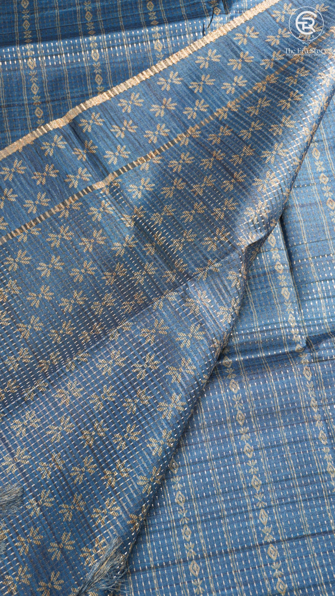 Blue Floral Border Kantha Matka Tussar Silk Saree