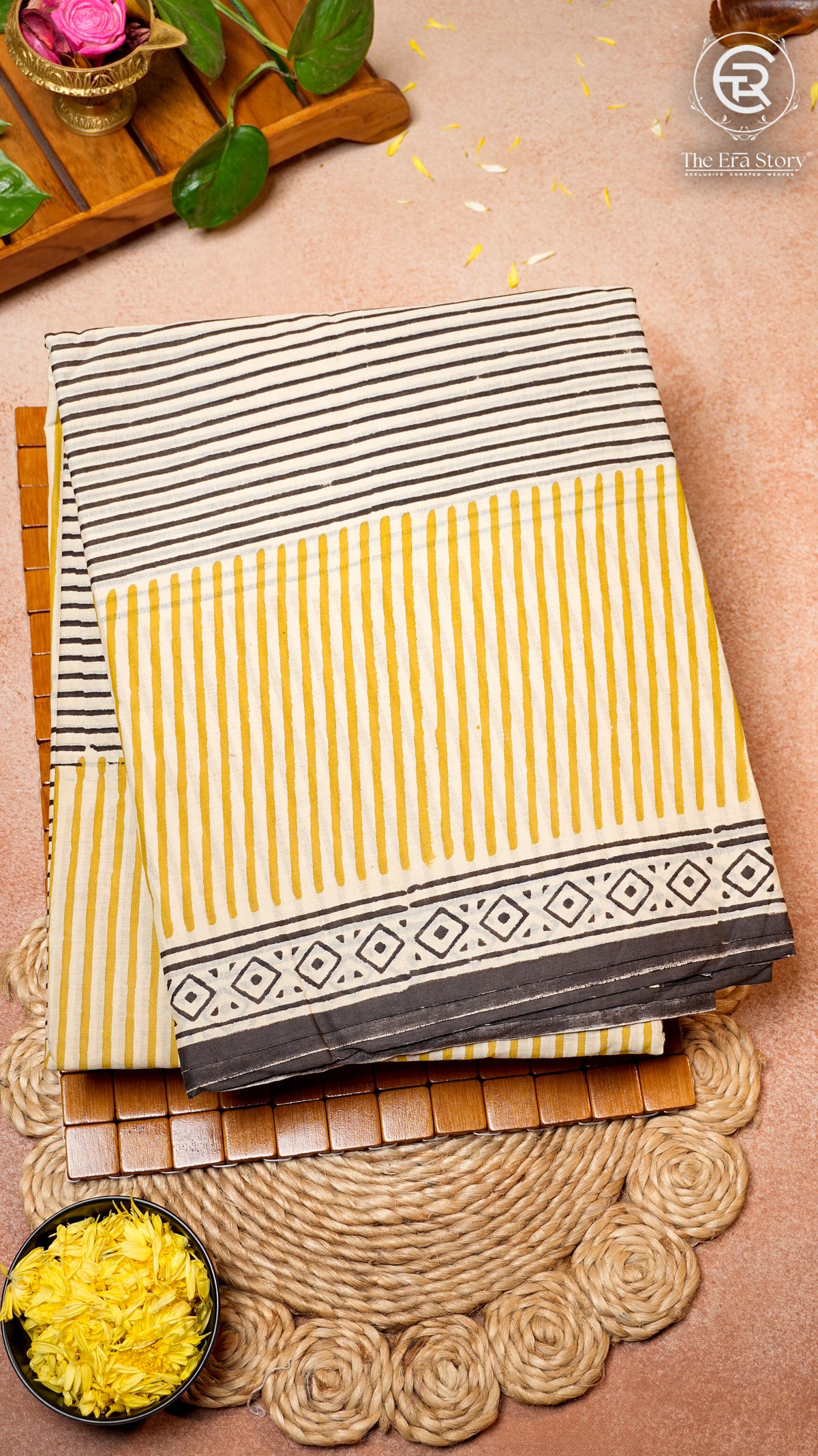 White and Yellow Geometric Line Patterned Handblocked Pure Cotton Saree