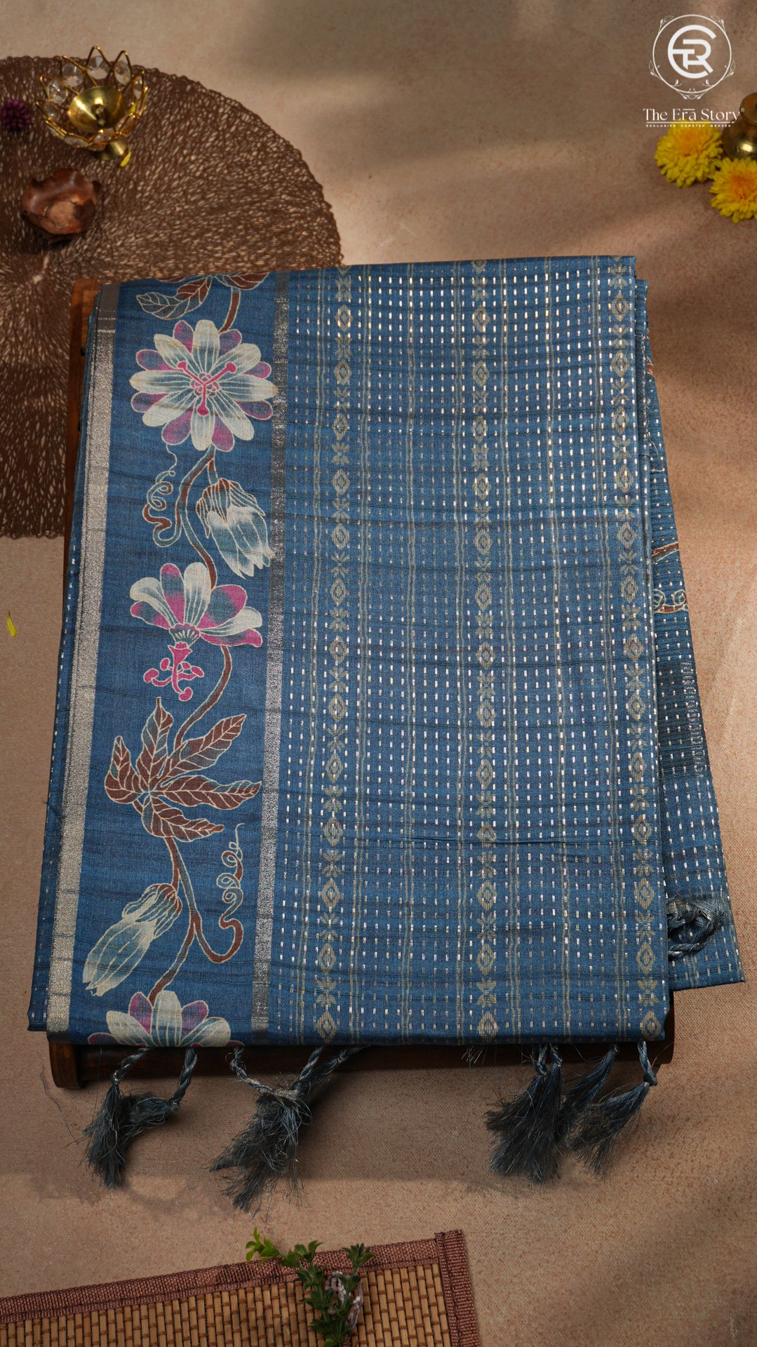 Blue Floral Border Kantha Matka Tussar Silk Saree