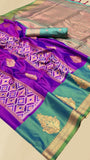 Violet and Green Dual Shade Ikkat Kanchi Soft Silk