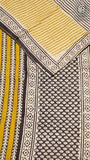 White and Yellow Geometric Line Patterned Handblocked Pure Cotton Saree