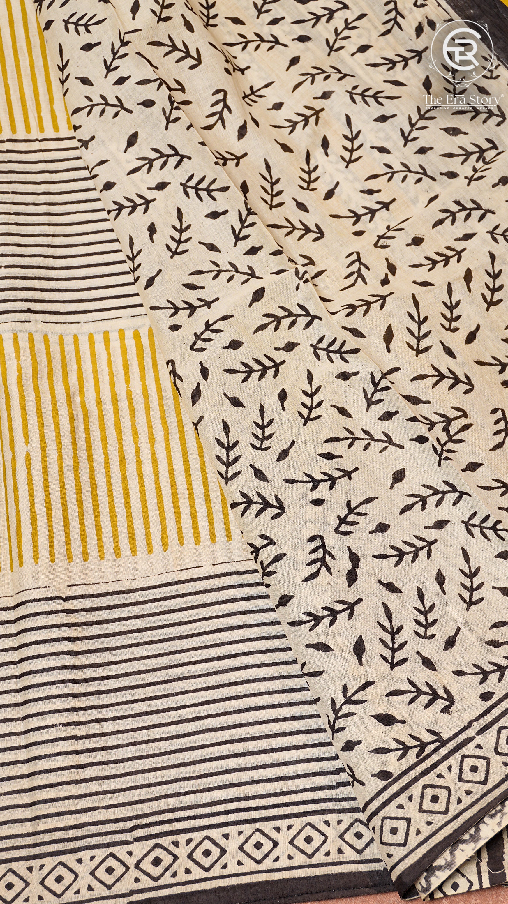 White and Yellow Geometric Line Patterned Handblocked Pure Cotton Saree