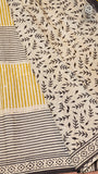 White and Yellow Geometric Line Patterned Handblocked Pure Cotton Saree