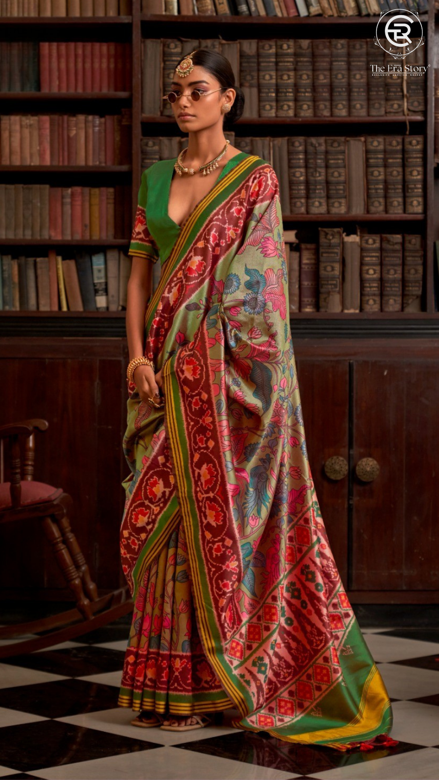 Pink Green & Yellow Kalamkari Patola Saree