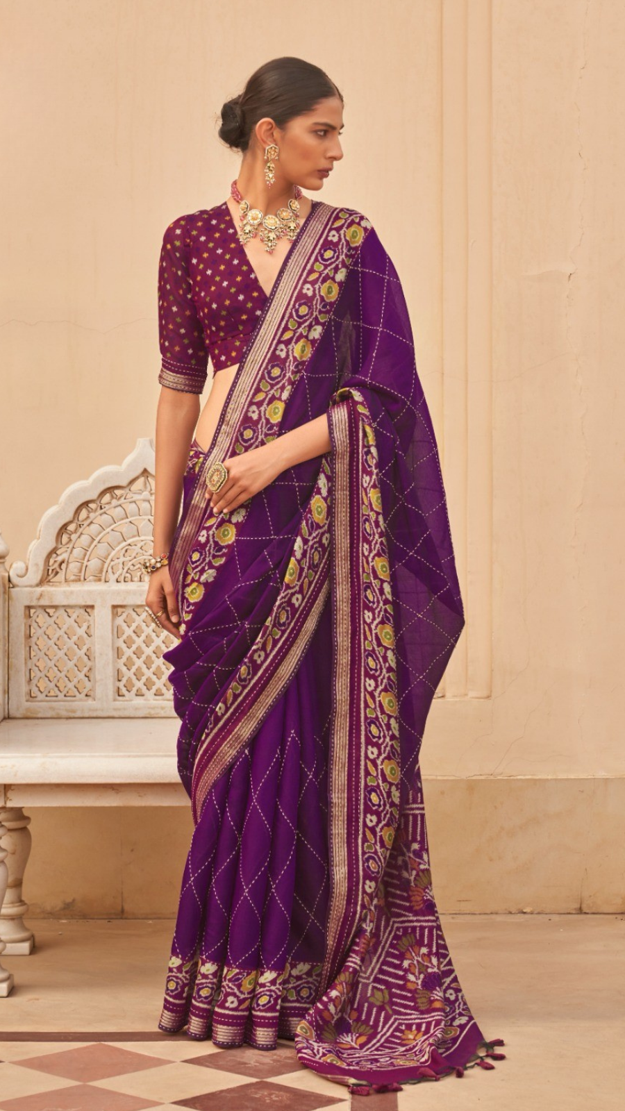 Purple Kantha Floral Diamond Soft Cotton Saree