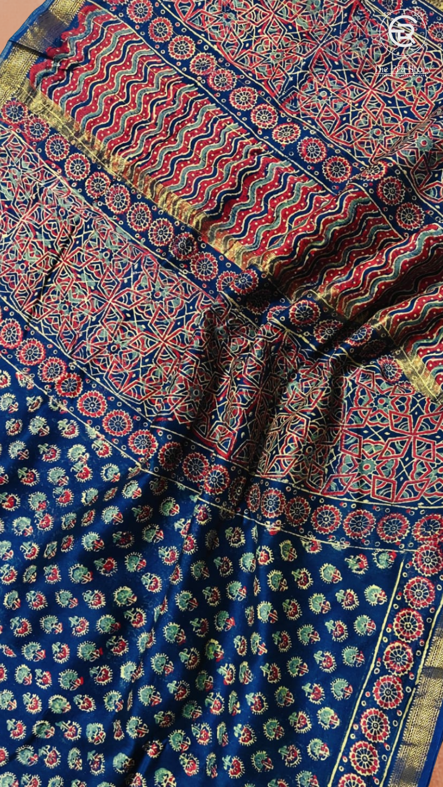 Blue & Green Floral Handblocked Pure Maheshwari Cotton Sarees