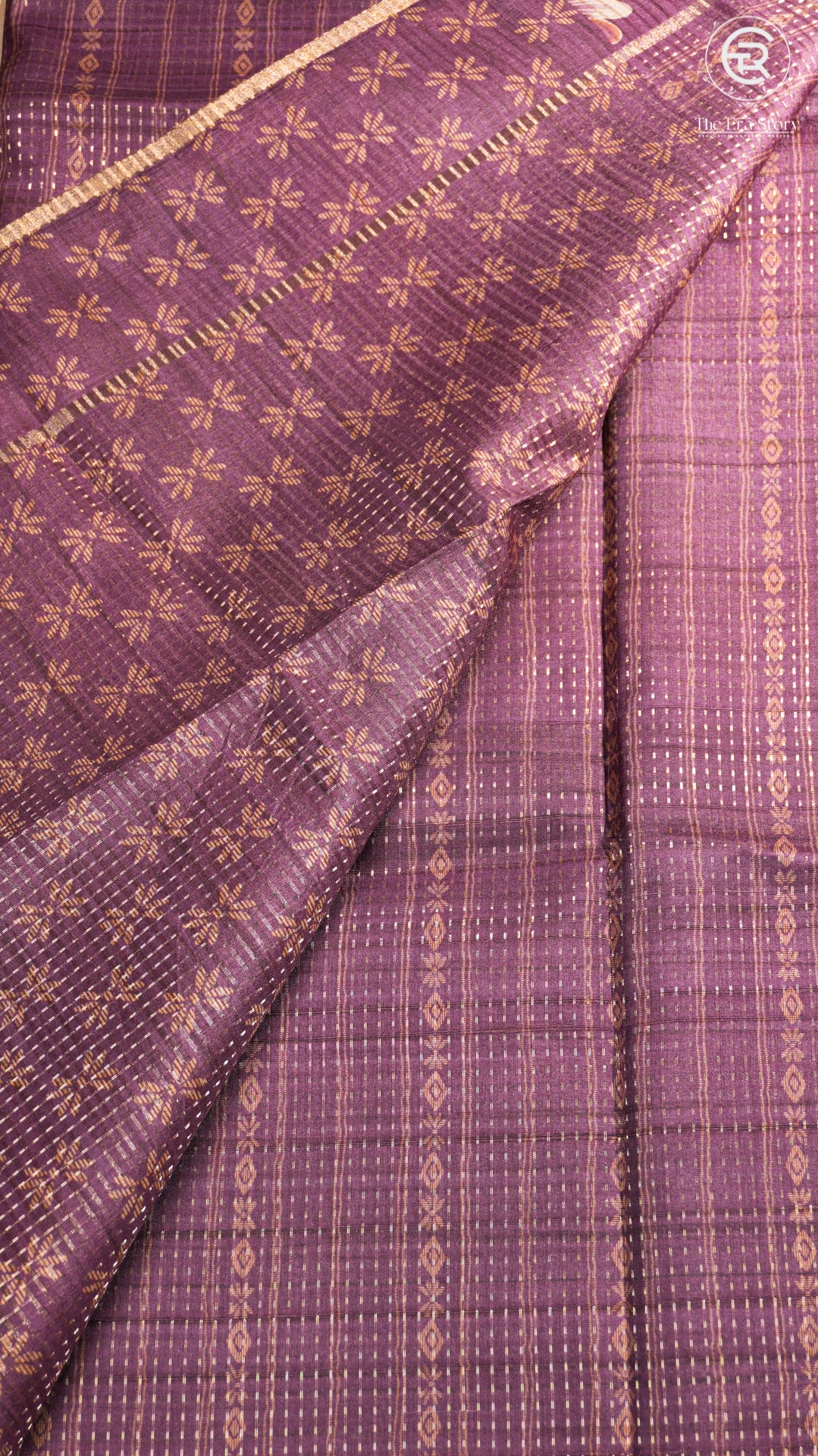 Plum Purple Floral Border Kantha Matka Tussar Silk Saree