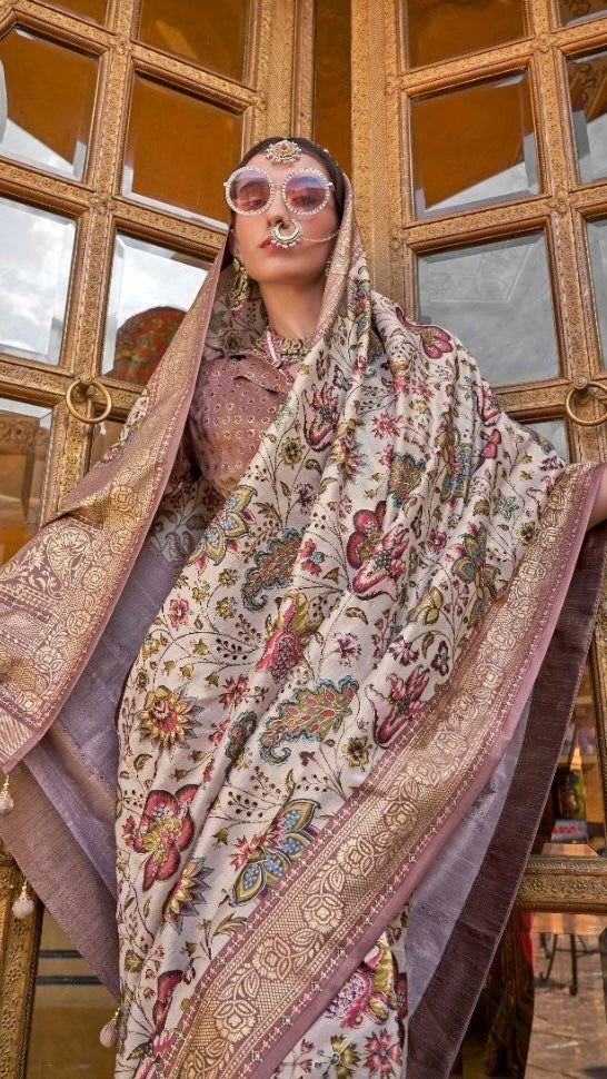 White Foil Printed Floral and Vines Contemporary Banarasi Crepe Silk Saree ERA10WHT
